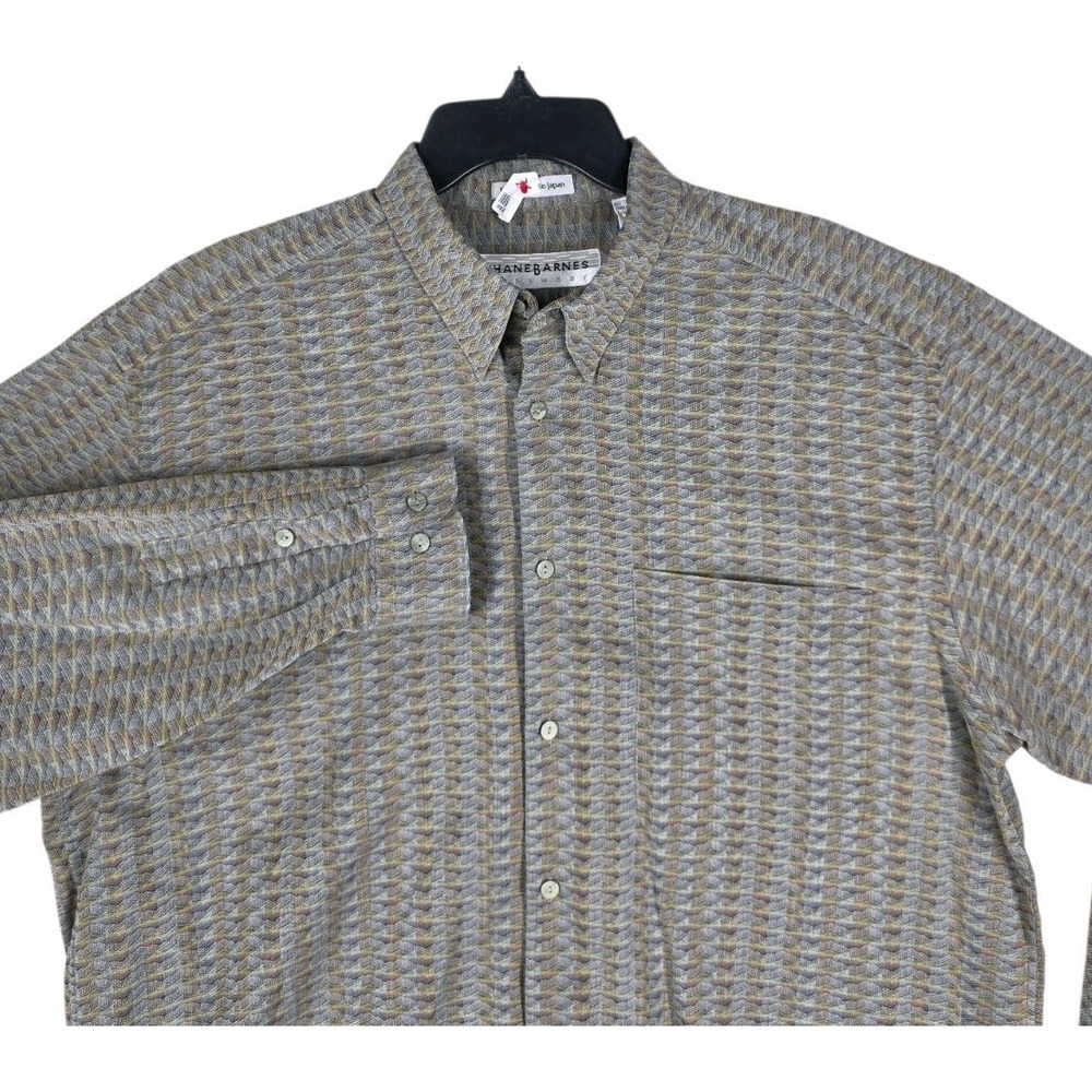 Vtg Jhane Barnes Shirt Japan Fabric Men L Beige Blue Abstract Geometric Hongkong